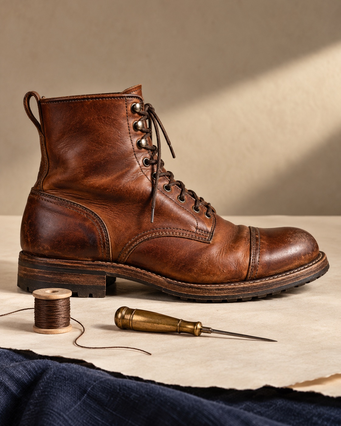 Illustrative study of a brown leather boot, waxed thread and a brass awl